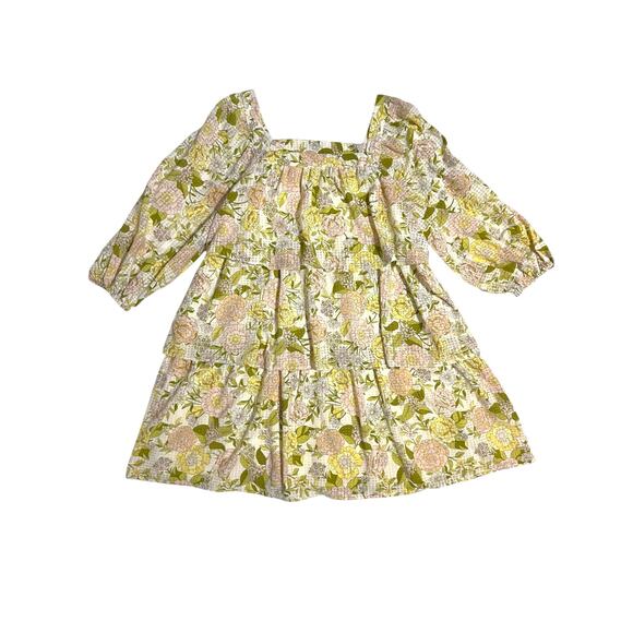 Who What Wear Floral Tier Layer Dress 3/4 Balloon Puff Sleeve Green Pink Large - Picture 1 of 9